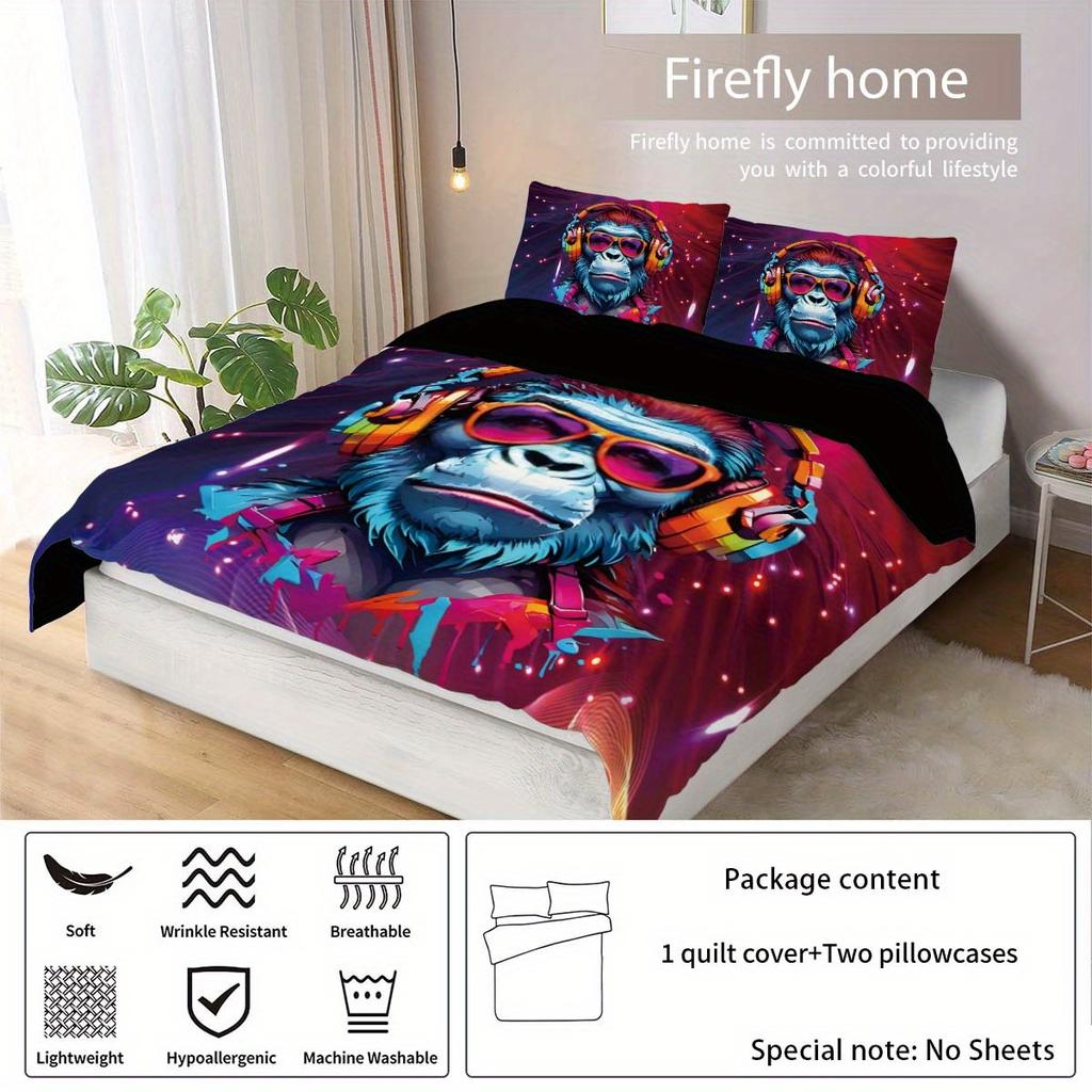 3Pcs Monkey Element Pattern Duvet Cover Set (1 Duvet Cover + 2 Pillowcases Coreless) Cool Background Bedding Set Soft