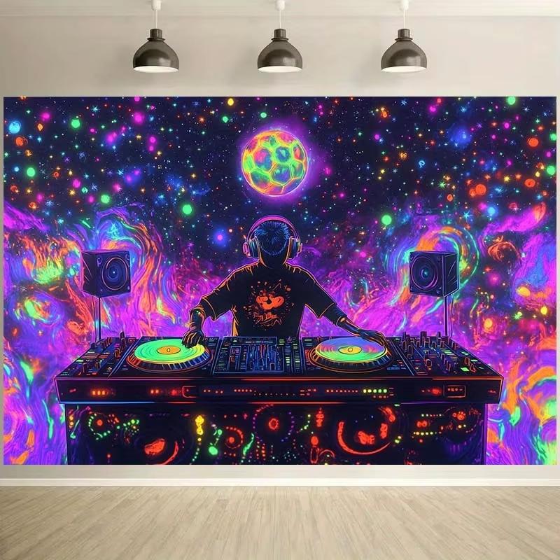 

DJ Music Studio Tapestry Psychedelic Turntable Universe Design for Neon Party Gaming Room Decor 74x94cm(29x37in)