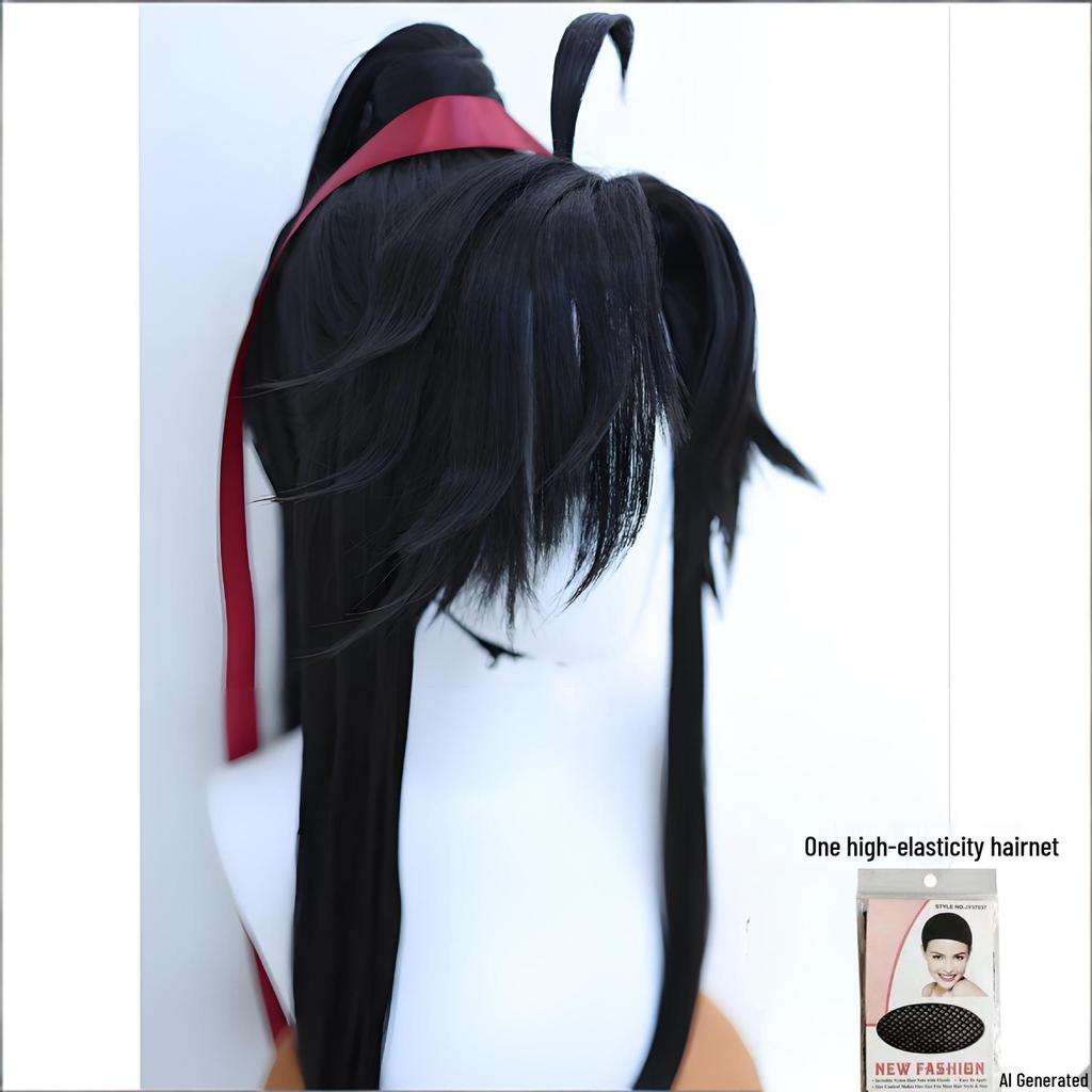 Wei Wuxian Cosplay Wig: Breathable Rose Net, Red Ribbon High Ponytail, Ancient Style