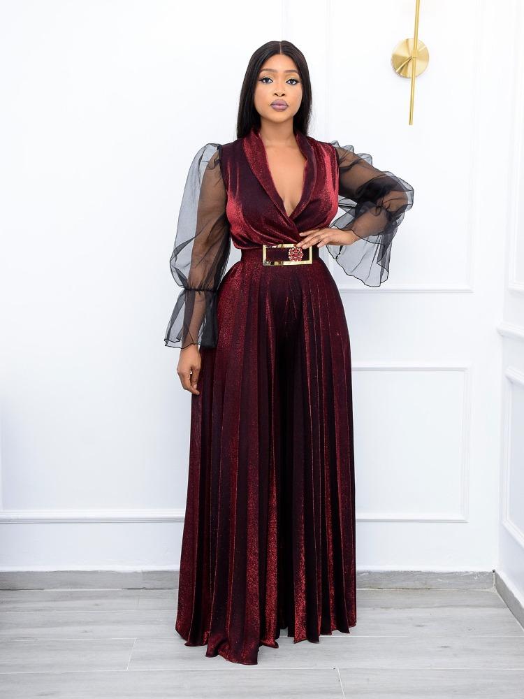 Plussstørrelse Dame Fløyel Jumpsuits Skinne lange ermer Plisserte bukser med vidde ben One Piece Antrekk Vintage Elegante festbukser