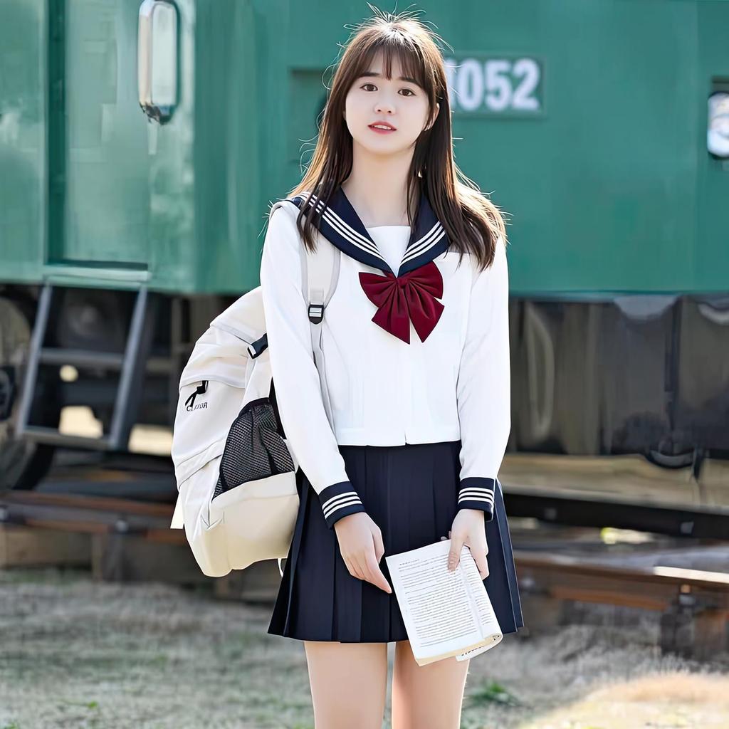 Maazusa Sailor Long JK Bow and Goldfish Two White Student School Cultural Costume Uniform, Sleeve, 3-Piece Set, Uniform, Cosplay, Knot, Strands, Cute,