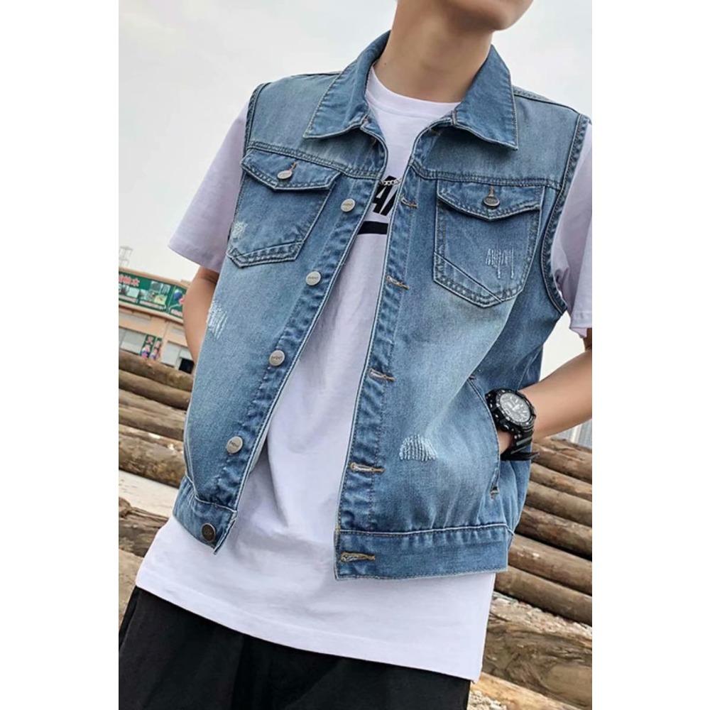 Denim vest men s tide spring and autumn trend casual handsome loose sleeveless hole trendy vest men M синий