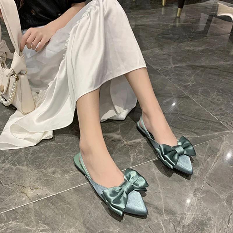 Sandalias Baotou de verano 2024 para mujer, zapatos de tacón bajo con lazo, de seda, sexys y puntiagudos, para mujer