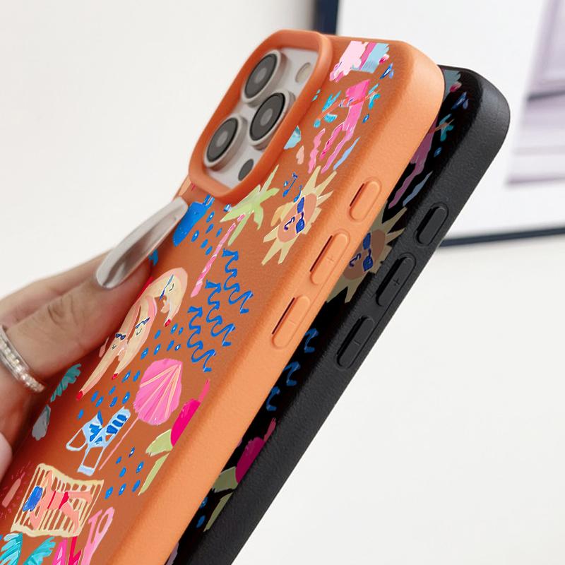 For iPhone 17 Pro Max Case Luxury Cartoon Vacation Painting Leather Texture Silicone Cover For iPhone 16 Pro Max 15 14 13 12 11 16E Air