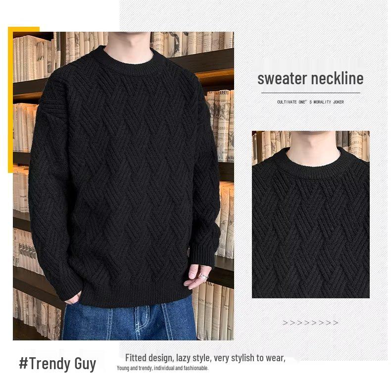 Men's Trendy Solid Color Knitted Round Neck Sweater – Autumn/Winter Long Sleeve Base Layer Casual Wear.