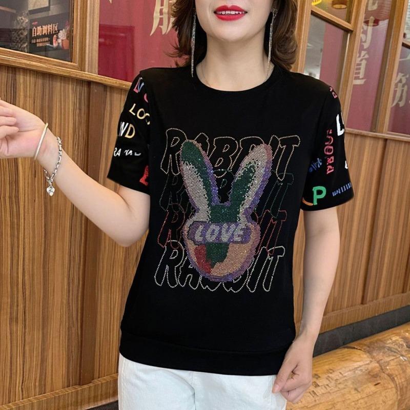 Summer Round Neck Short-sleeved T-shirt Women's Large Size Rhinestone Decorative Top