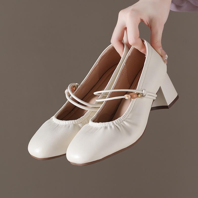 Mary Jane women's shoes 2025 spring and autumn new thick heel shallow mouth single shoes women's medium heel soft leather French temperament small lea