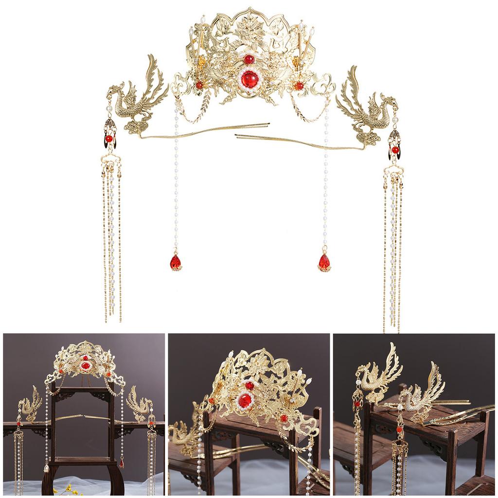 Elegant Chinese Red Bridal Phoenix Crown Headpiece with Unique Tassel Design for Weddings and Special Occasions