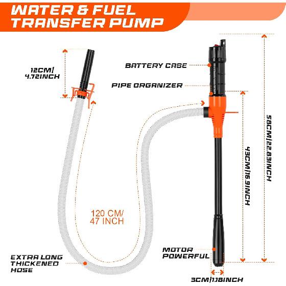 Portable Transfer Pump Battery Operated Electric Siphon Pump For Gas, Fuel, Diesel, Water Transfer 2.4 GPM Flow Oil Extractor, 47 Inches Hose-Easy To