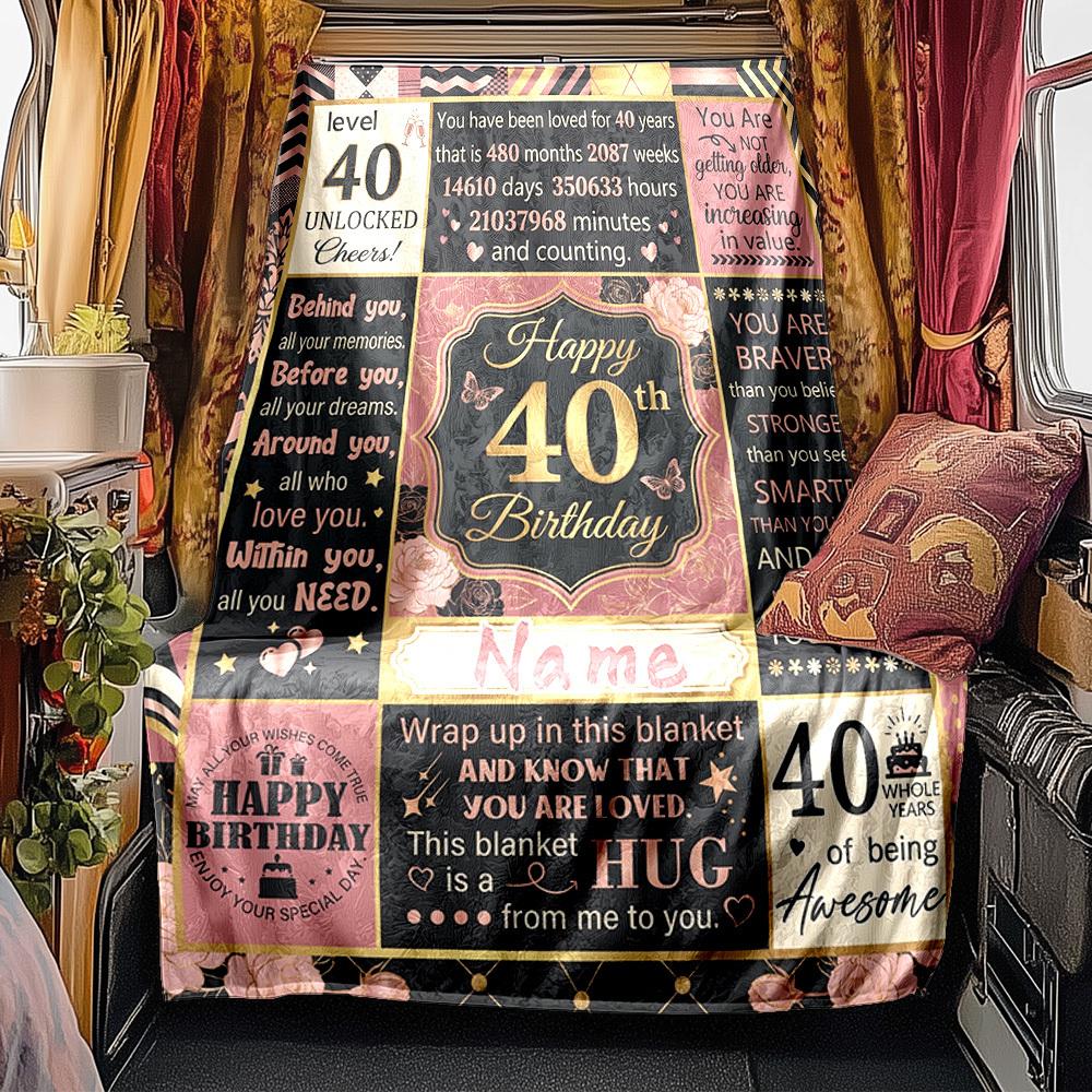 Happy 40Th Birthday Celebration Blanket Personalized Name Soft Comfortable Stylish Blanket Car Blanket Perfect For Travel Camping Outdoor Home