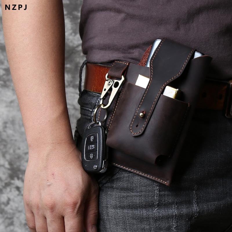 NZPJ Vintage Genuine Leather Men's Waist Bag Crazy Horse Mobile Phone Natural Cowhide Key Case Belt Bag For 6.7-inch Mobile