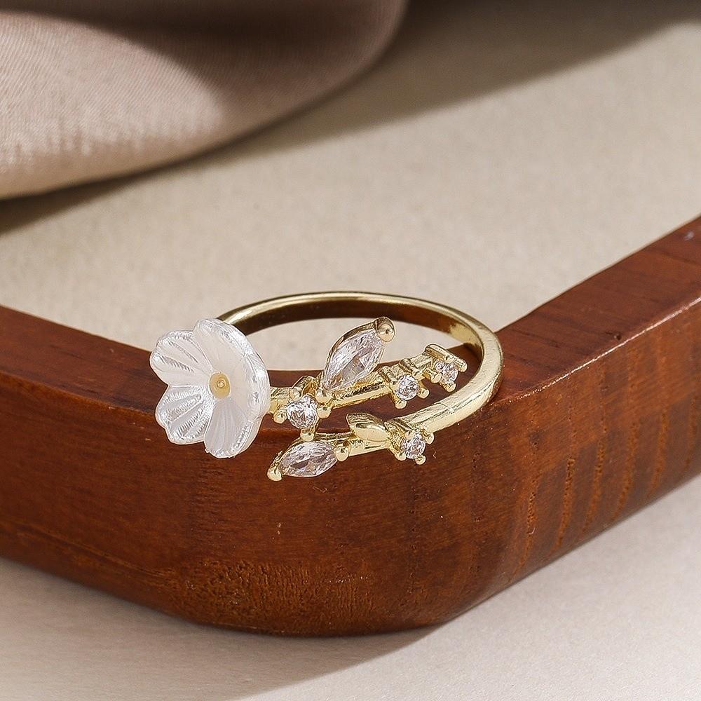 Adjustable Flower Crystal Ring Leaf Design Finger Jewelry Delicate Flower Opening Ring  Anniversary