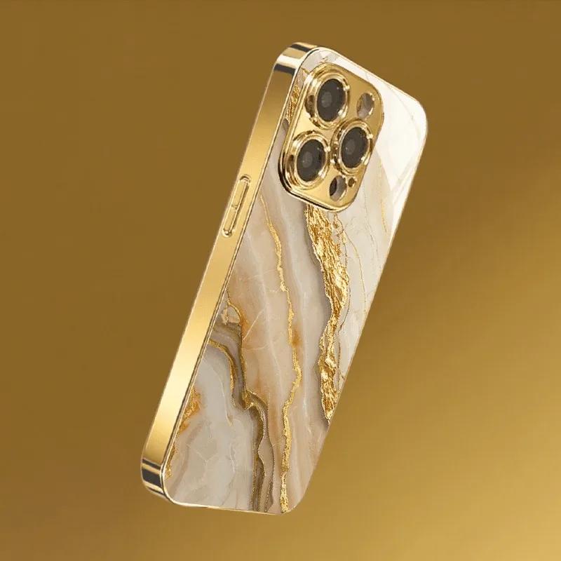 Gold White Marble Patterned Phone Case for iPhone 18 17 16 15 14 Pro Max 13 12 11 12pro 13 14plus 16e 17Air Tempered Glass Cover