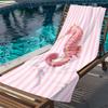 A Large Thick Beach Towel Featuring a Sweet And Fresh Ocean Theme with a Pink And White Striped Watercolor Seahorse Design