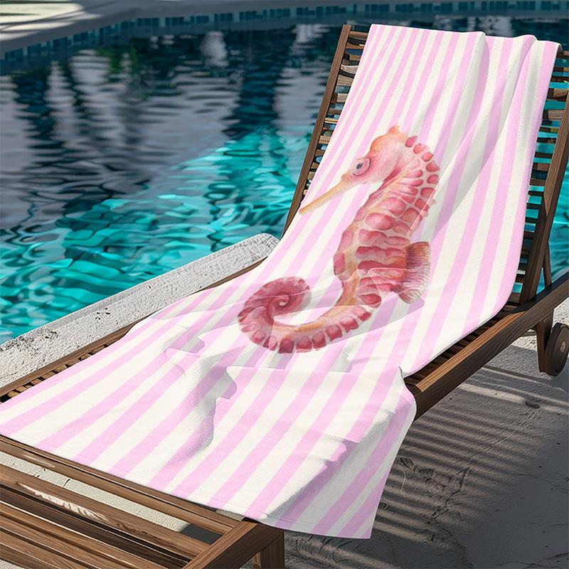 A Large Thick Beach Towel Featuring a Sweet And Fresh Ocean Theme with a Pink And White Striped Watercolor Seahorse Design