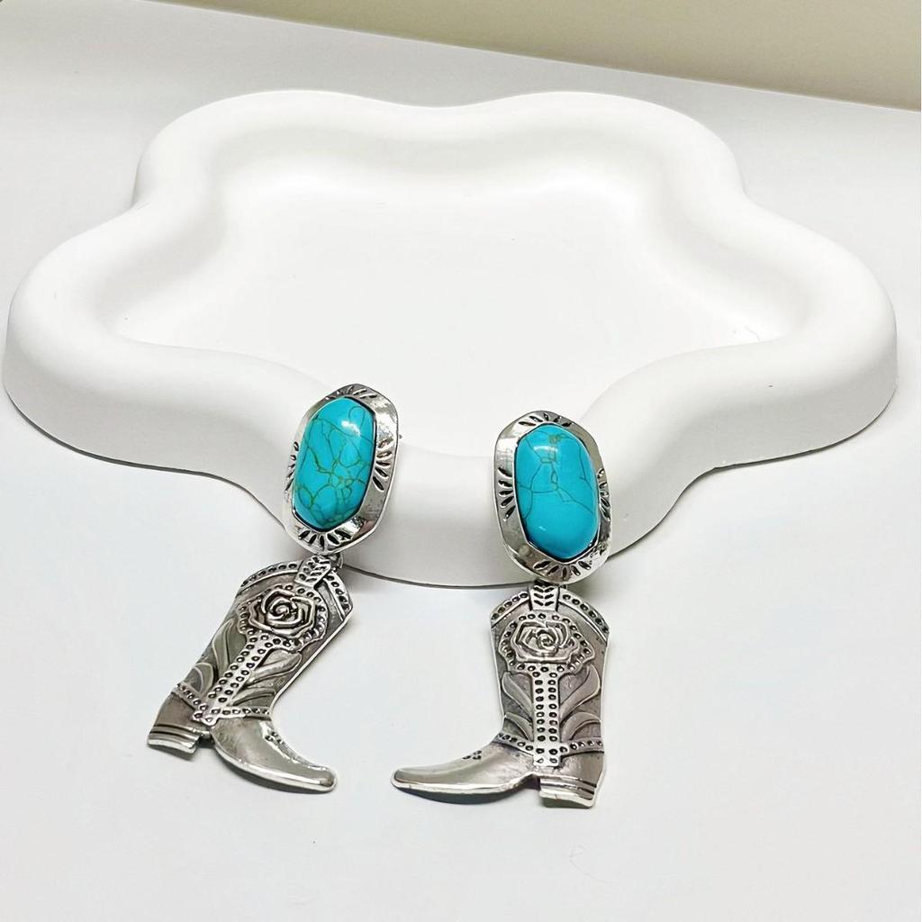 Western Cowboy Retro Turquoise Alloy Earrings - European & American Style