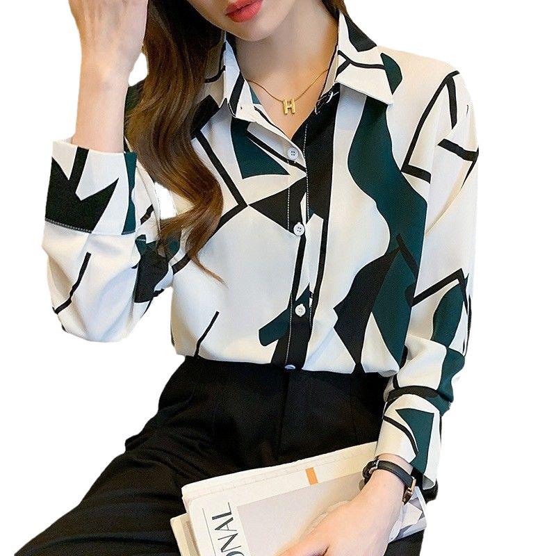 Women's Korean Style Chiffon Blouse: Slim Fit, Printed, Plus Size, Long Sleeve, Versatile Sun Protection Shirt for Spring and Summer.