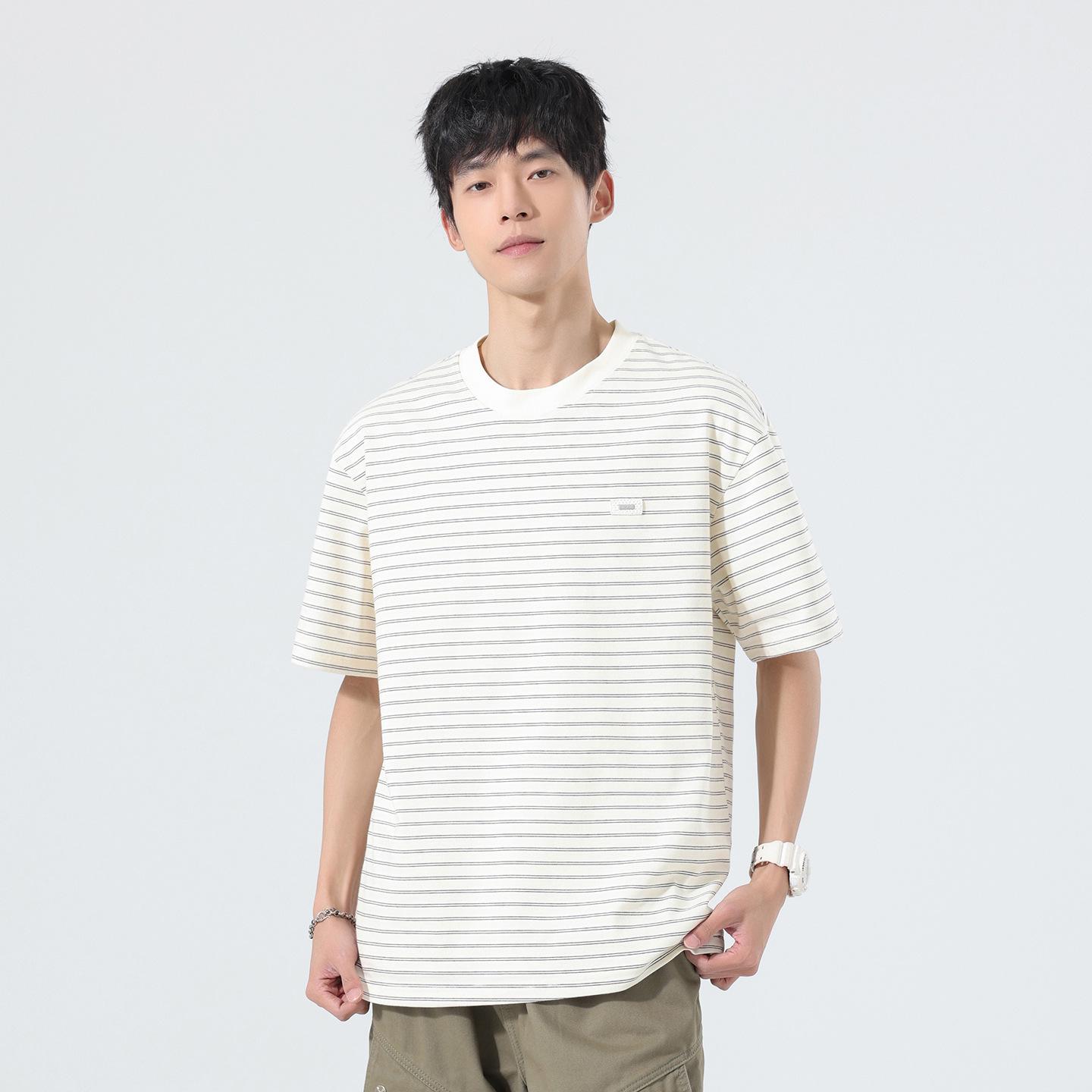 Men s Striped Round Neck Short Sleeve Summer Shirt M белого абрикоса