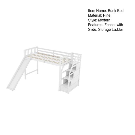 Loft Bed 90x200cm Bunk Bed Stable Base with Slide Storage Ladder Fence No Burrs Anti-scratch Kids Tree House Bedroom Furniture