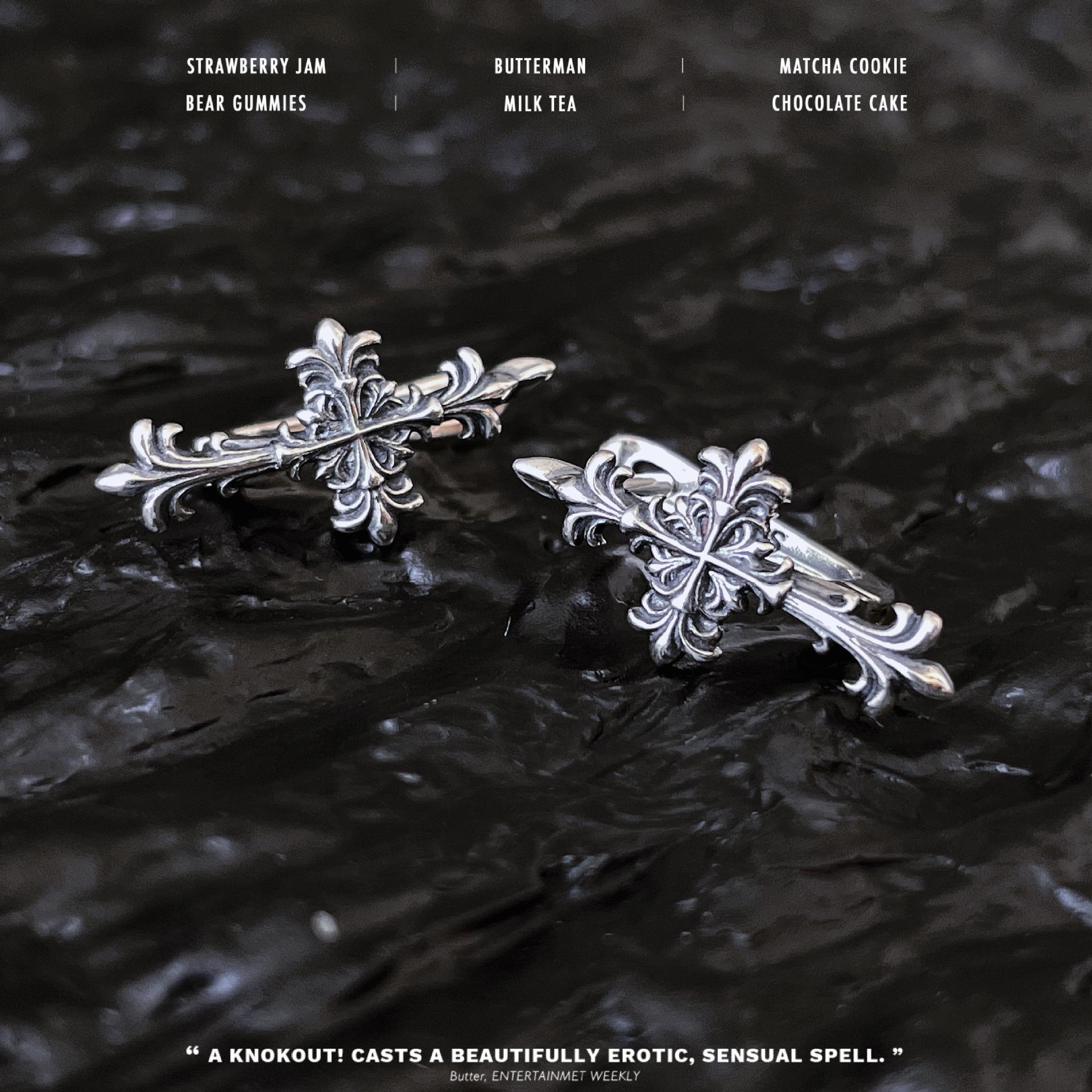 

Классические серьги-каффы Kroja Retro Cross для женщин - Тайское серебро, дизайн черного цветка