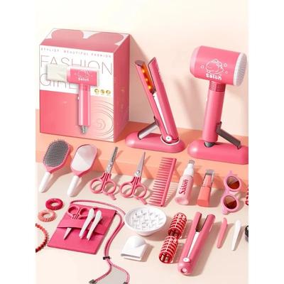 Friseursalon-Spielzeug für Mädchen, Ankleide-Set für Schönheits- und Friseursalon-Spielzeug, Haartrockner, Lockenstab, Spiegel, Schere, Styling-Zubehör