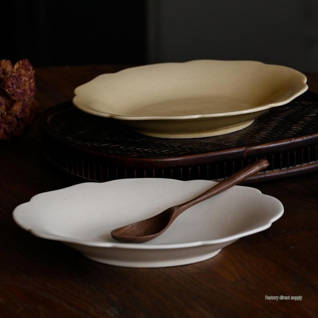 9" Handmade Chinese Beige Ceramic Petal Dinner Plate
