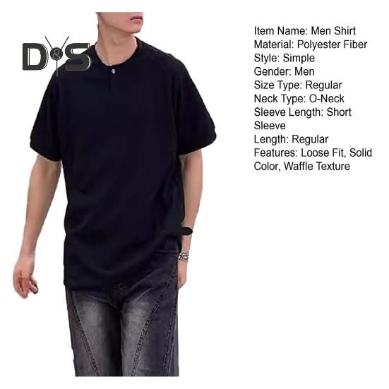 Men Shirt Round Neck Buttons Half Placket Short Sleeve Loose Fit Tops Waffle Texture Casual Tee Shirt Home Gym Streetwear
