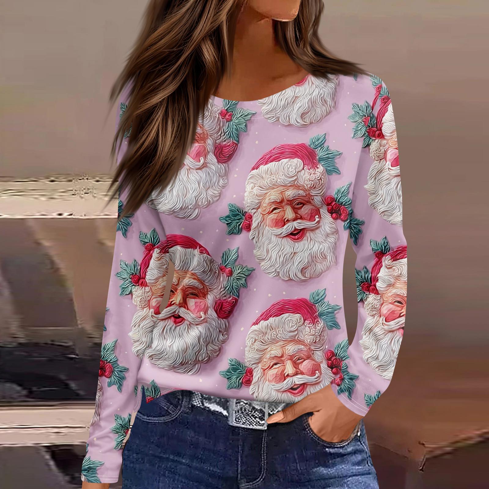 

Женская мода повседневный топ с разрезом по низу и рождественским принтом с круглым вырезом и длинными рукавами XL розовый