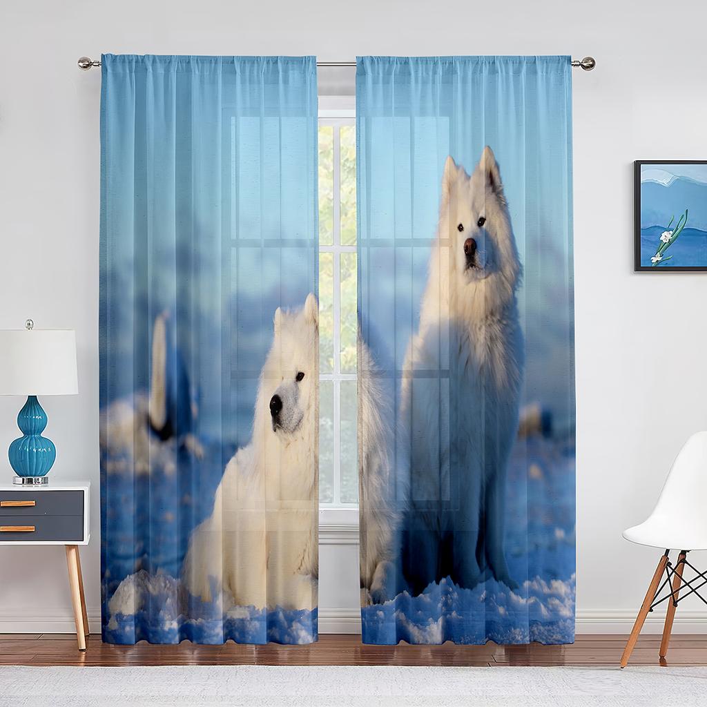Doi Câini Samoyed Drăguți în Zăpadă Perdele Tulle pentru Decor Living Dormitor Bucătărie Perdea Voal Transparent Modern Draperii Fereastră