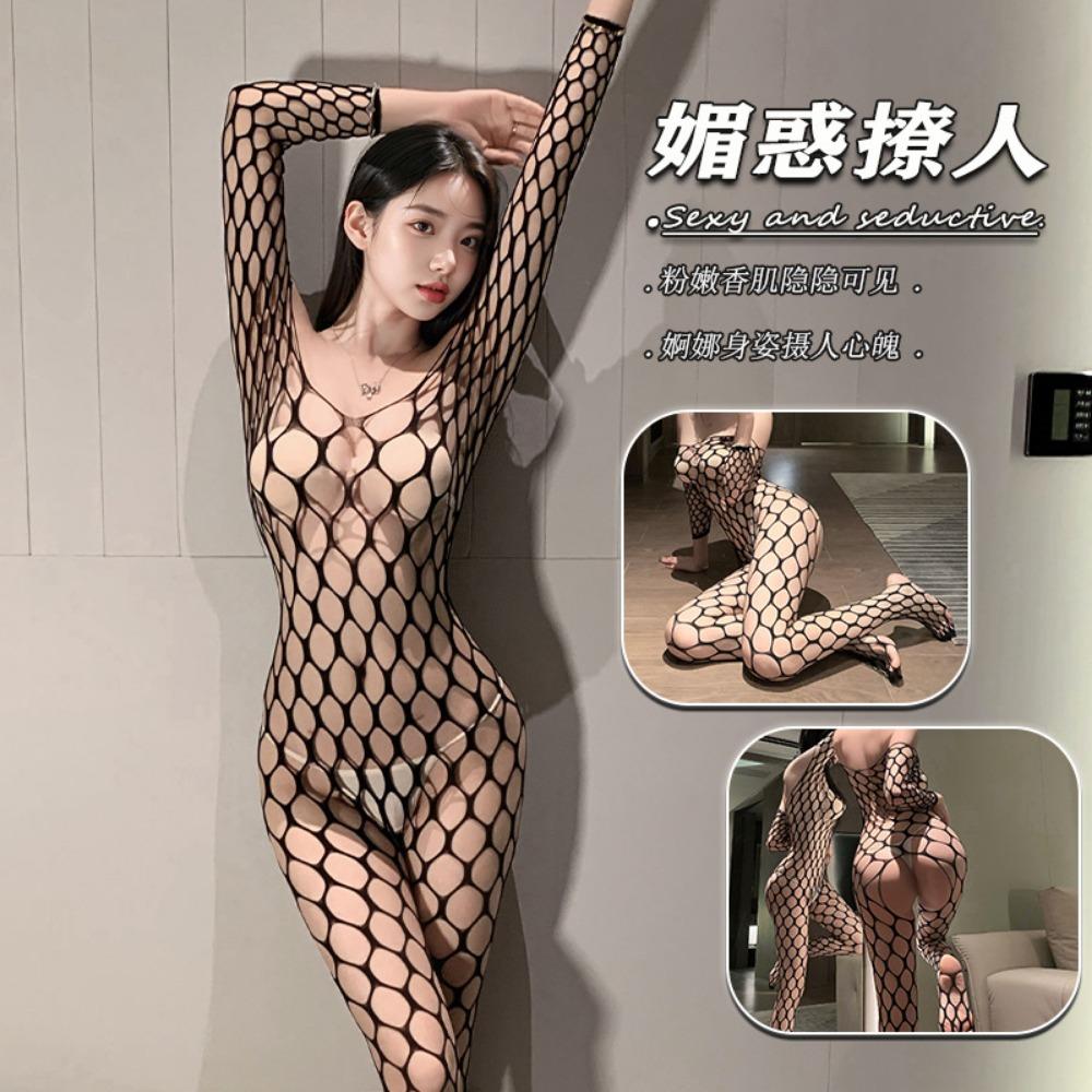 Night Crisp Erotic Underwear, Black Hollowed-out Sexy One-piece Mesh Clothes, Open Large Size, Revealing Breasts, Pure Desire Deep V Mesh Socks 2 Zime
