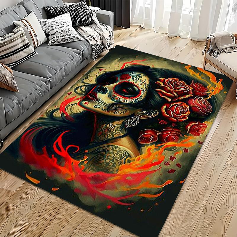 Day of the Dead Woman with Roses - Non-slip rug suitable for living room and bedroom sofas.