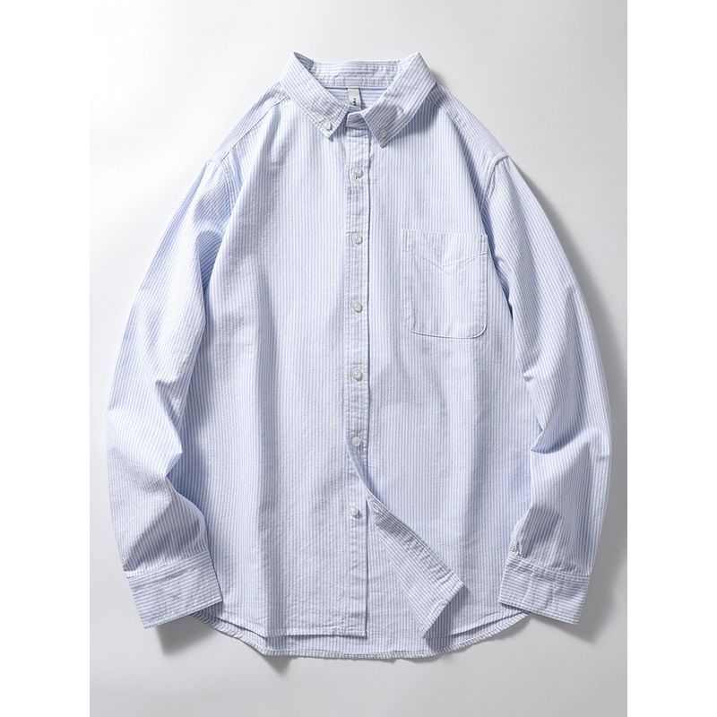 Japanese-Style Retro Long Sleeve Casual Oxford Striped Shirt Blue L