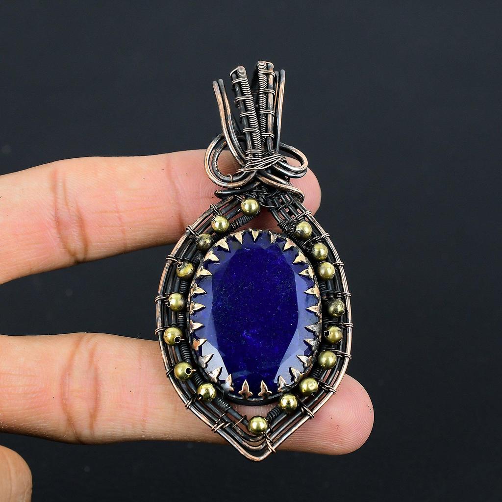 Lab-Created Blue Sapphire Gemstone Pure Copper Wire Wrapped Handmade Jewelry Pendant