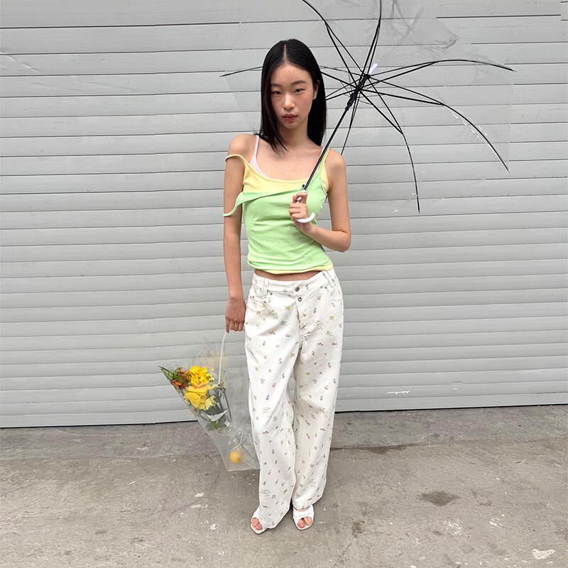 GREEN BELT Printed Loose Straight Denim Pants
