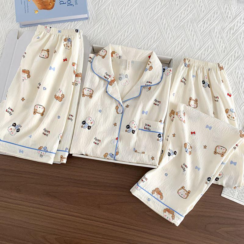 Summer Women's Three-Piece Pajama Set: Cardigan, Short Sleeve Top, Shorts, and Long Pants - Lightweight and Cute for Home or Outdoor Wear