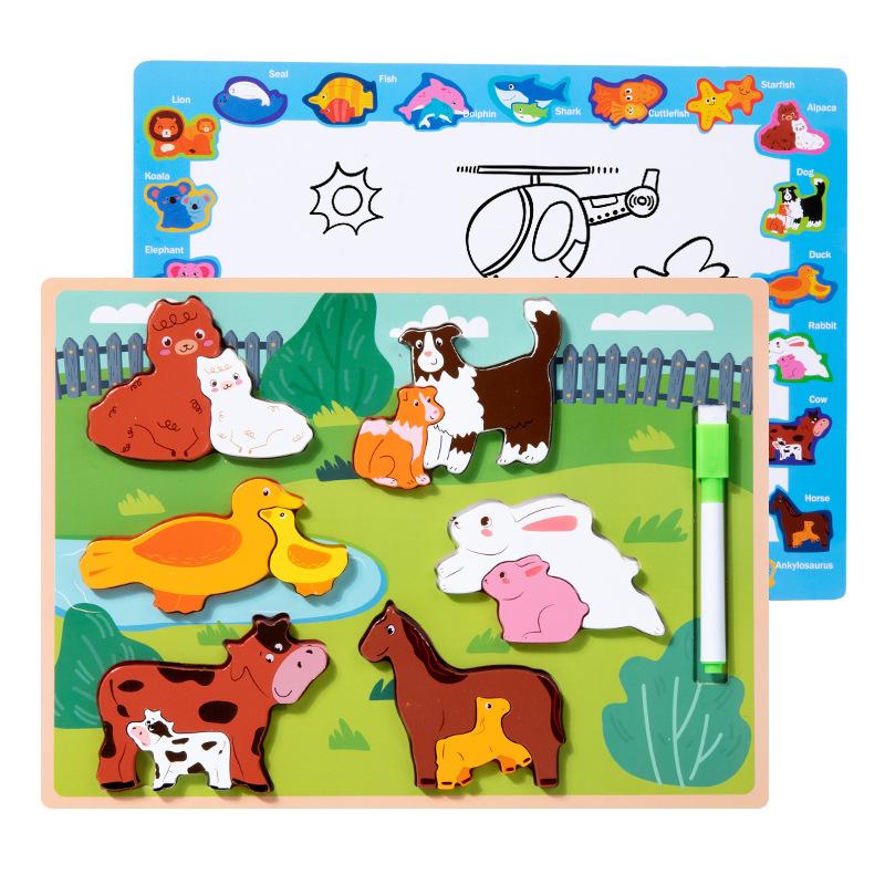 Puzzle drawing board 2-in-1 early childhood education three-dimensional puzzle board baby drawing blackboard large particle building block play