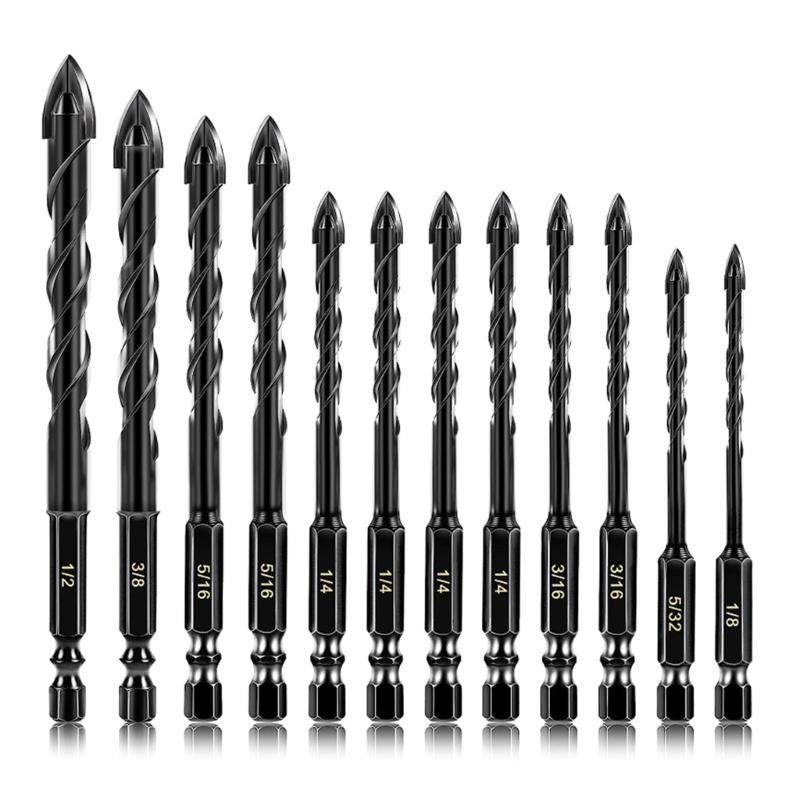 

12Piece Set of Multiple Material Drill Bits Accurate Hole Drilling for Concrete Glass & Wood Featuring Hard Alloy Design 1