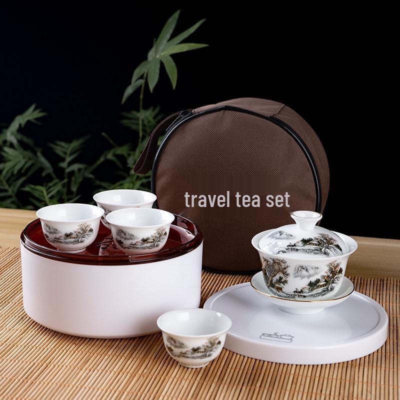 Portable Ceramic Kung Fu Travel Tea Set with Tray and Case