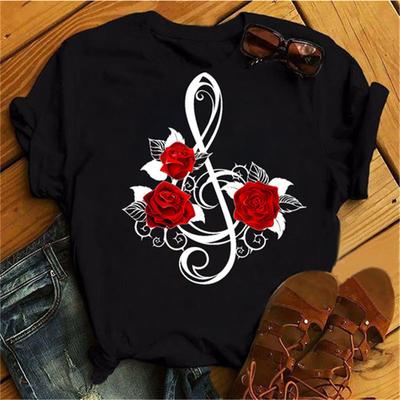 Sommer Rundhals 3D Reose Musiknoten Print Top Modische Lässige Kurzarm Damen T-Shirts