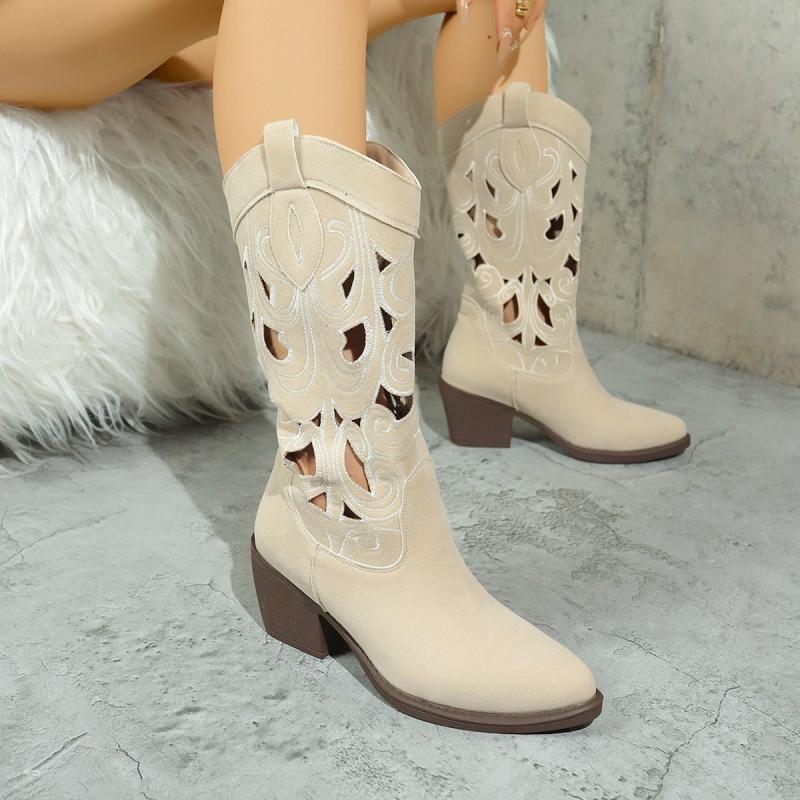 Fashion Casual Hollow Out Mid Calf Western Cowboy Boots Women 2025 Pointed Toe Medium Heel Riding Boots Fashion Music Festival Shoes