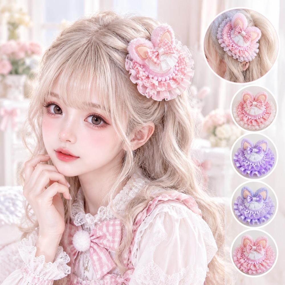 Lace Trim Bunny Ear Hair Clip Sweet Pink Lolita Hair Accessory Rabbit Ear Headpiece Cosplay Party