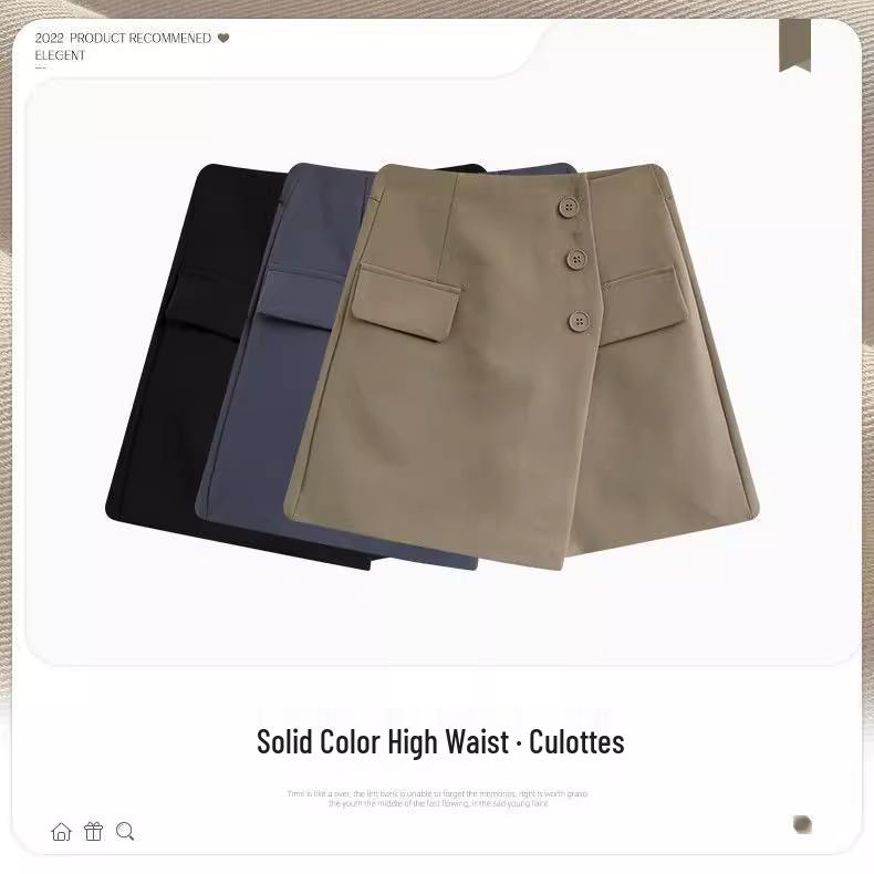 2025 Irregular High-Waisted Slimming A-Line Shorts Skirt with Button Detail - Women's Wide-Leg Pants
