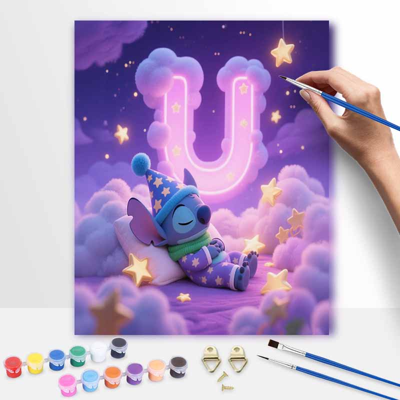 Disney Sleeping Stitch Letter U oil painting art painting kit, handmade diy art painting home wall decoration, cute starry night decor