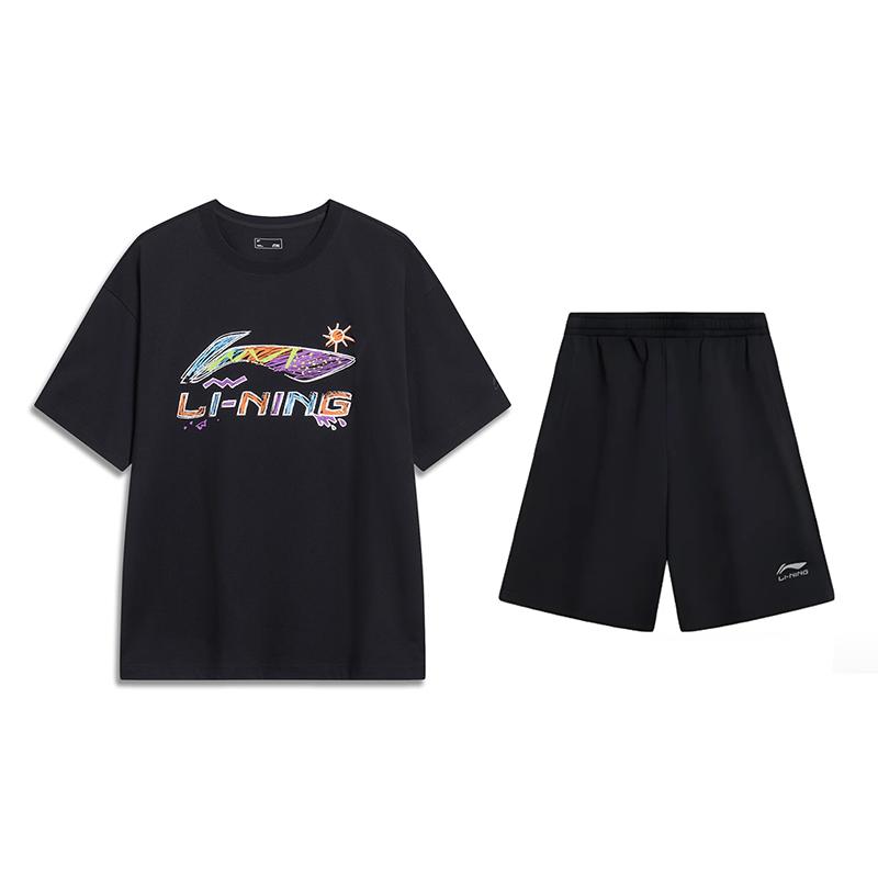 

Li-Ning American Vintage Hand-Painted Crew Neck Short Sleeve Solid Color Five-Point Pants Casual Sports Suit Unisex suit Black AHSU745-1+AKSV291-1 L