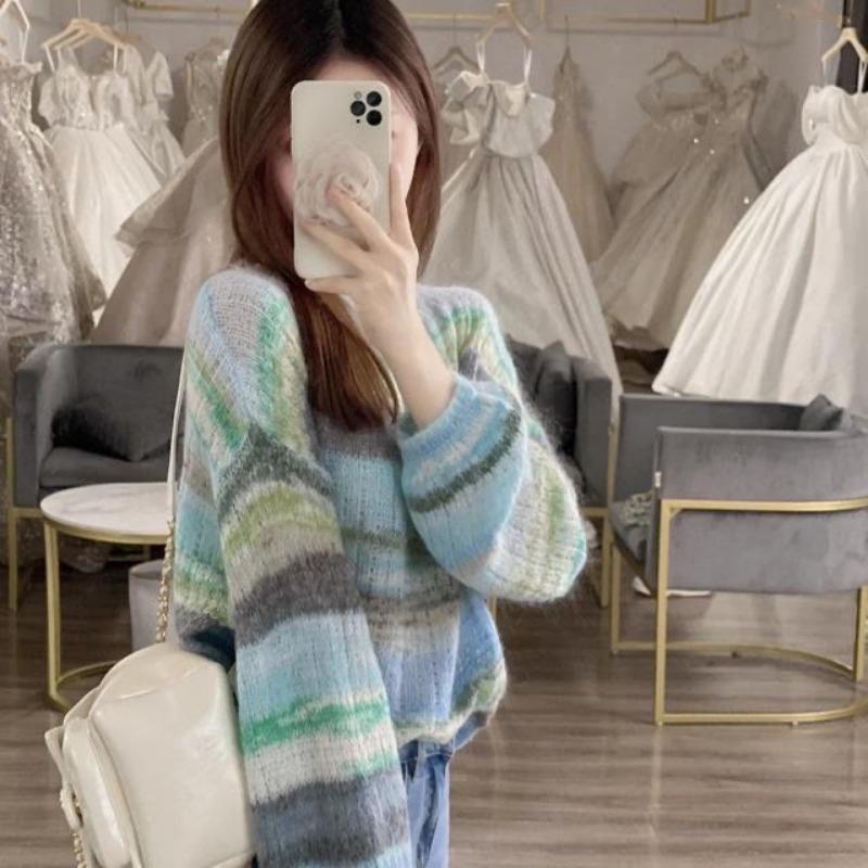 Suéter tipo pulóver estilo francés perezoso suéter suelto de malla otoño/invierno nuevo suéter de rayas suéter de manga larga suéter de mujer Top