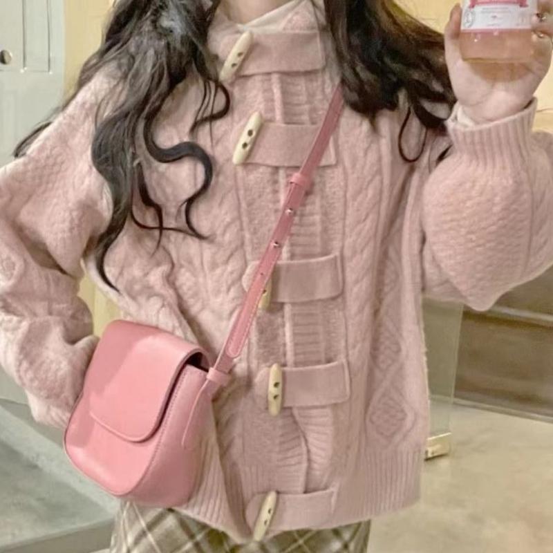 Toggle Buttons Women's Sweater Solid Hooded Cable Knit Texture Long Sleeve Cardigan Autumn New Version Loose Sweet Woman Top