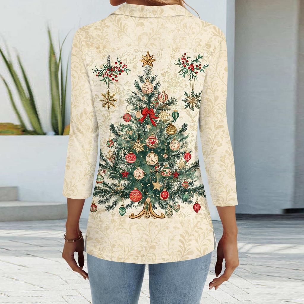 Women's Fashion Casual Lapel Short 3/4 Sleeve Christmas Print Shirt Women's Button Up Tops