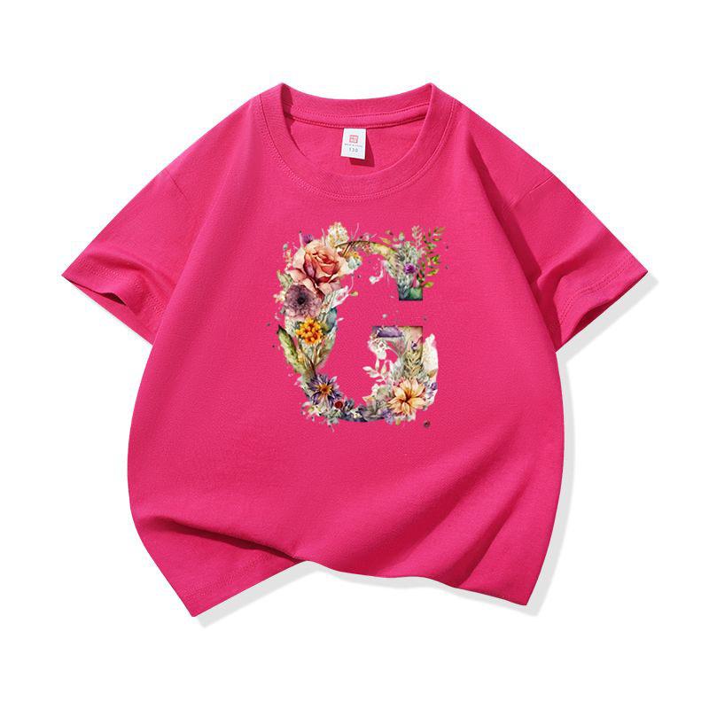 Kids Cotton T Shirt Floral Letter G Print Crew Neck Short Sleeve Tee Casual Boys Girls Summer Tops