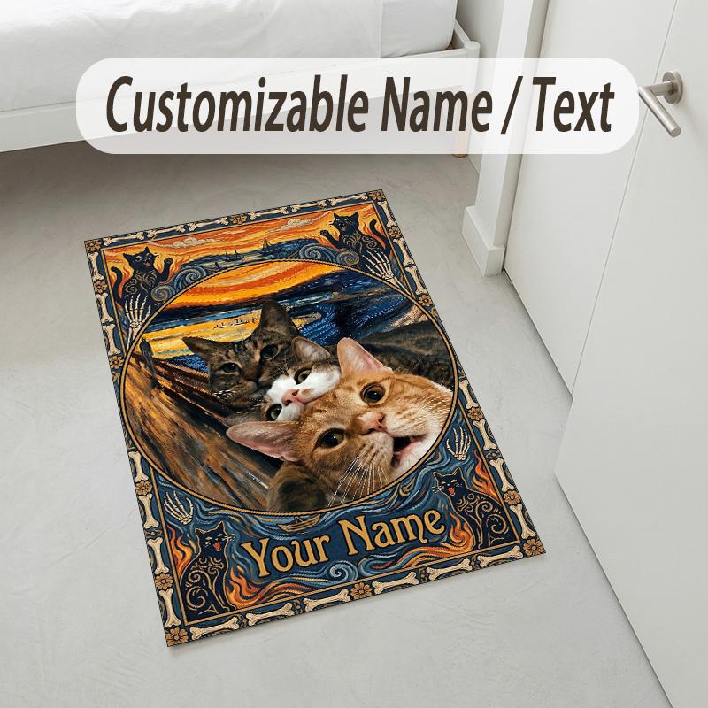 Cats Theme Soft Crystal Velvet Rug Custom Name & Text Print Non Slip Floor Rug for Bedroom Living Room