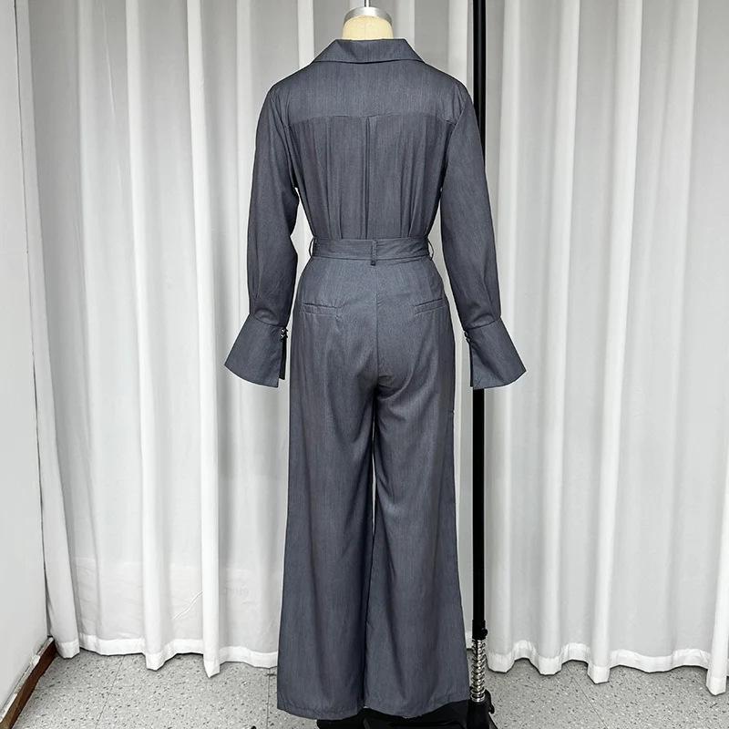 

2024 Summer Women s Solid Color Lapel Short Top & Wide-Leg Pants Set Small серый